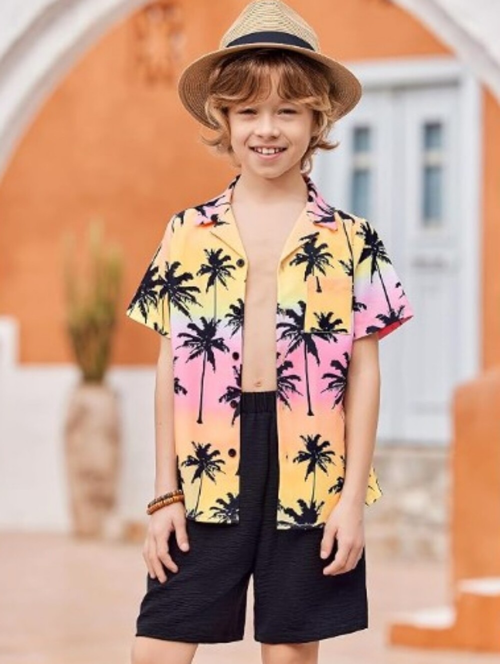 Boys 2 Piece Textured Button Down Shirt and Shorts Yellow
